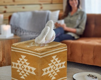 Handwoven Kilim Pouf Cover: Vintage Geometric Wool Jute Ottoman, Rustic Berber Design Pouffe Cover Living Room 18x18 inch Footstool seating