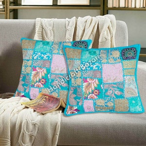Turquoise Cushion Cover 16 Inch Patchwork Pillow Embroidery Cotton Cushion Case Square Pillow Case Decorative Sofa Sham Boho Pillow 2 Pcs