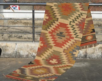 Kilim Stair Runner - Handwoven Rug Handmade Runner Rug, Wool Jute Runner, Vintage Style Hallway, Entryway Runner, Custom Size Runner