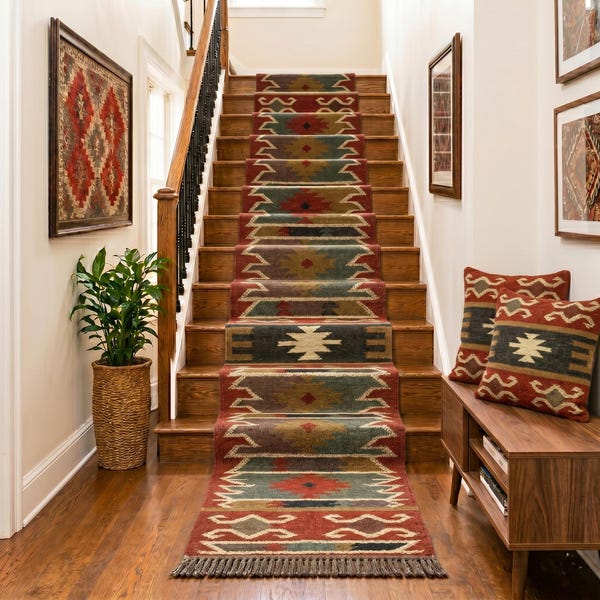 Kilim Stair Runner Rug Handmade Wool Jute Runner Turkish Tribal Hallway Runner Rustic Boho Entryway Carpet with Matching Cushion Pillow Set