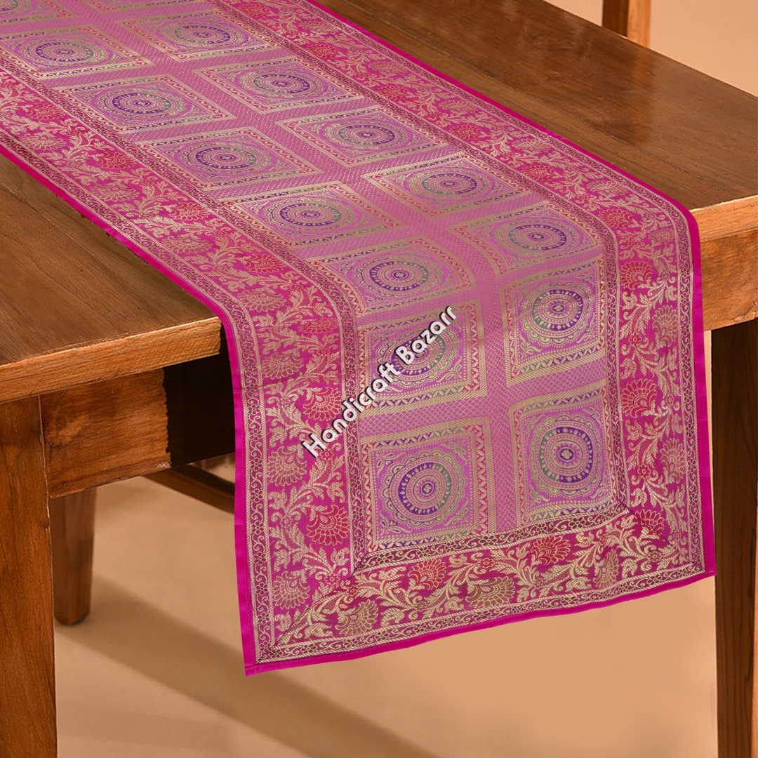 Ethnic Coffee Table Runner 16x60 Brocade Jacquard Satin Pink Etsy