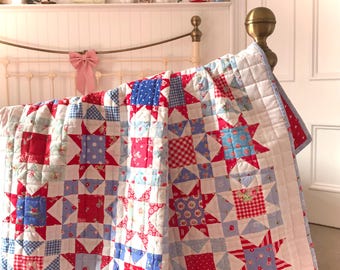 ✨イブニングスターグラデーションベッドカバー✨パッチワークキルト　ハンドメイド ✨イブニングスターグラデーションベッドカバー✨パッチワーク