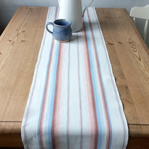 May include: A long rectangular table runner featuring a woven striped pattern in shades of light blue, soft pink, and white. The fabric has a textured appearance with vertical lines running the length of the runner, creating a clean and simple design.