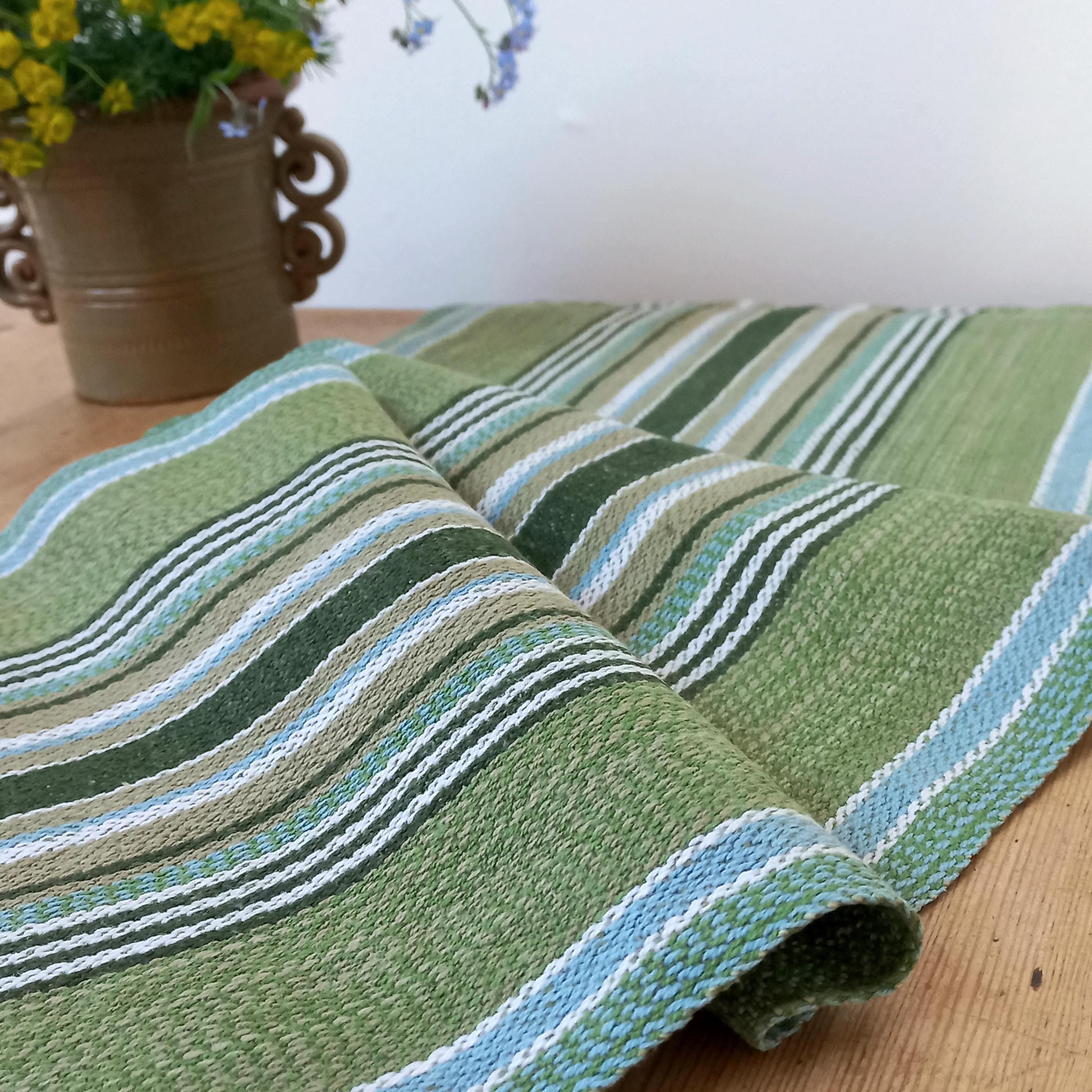 Scandinavian table runner, Rustic striped Swedish vintage summer cotton mat, Pastel green and blue, 1960s Nordic woven home decor