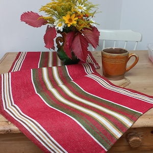 Vintage Handwoven Swedish Table Runner: 1970s Red Cotton with Green & Yellow Stripes