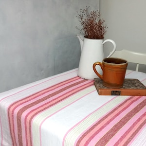 Vintage Swedish woven cotton tablecloth, rustic Scandi farmhouse linen decor, off-white with red-pink stripes table cloth, 33x36&quot; / 84x92 cm