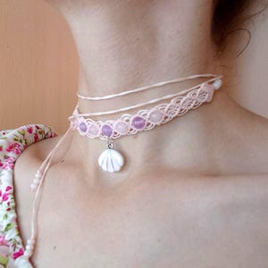 Sea Pink Shell Necklace, Bohemian Macrame Choker, Handmade Boho Macrame Accessory,  Gemstone Fairy Jewelry, Nature Inspired Hippie Necklace