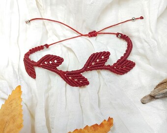 Leafy Red Macrame Bracelet, Adjustable Leaves Bracelet, Autumn Fairy Jewelry, Forest Magical Jewelry, Nature Inspired Hippie Bracelet