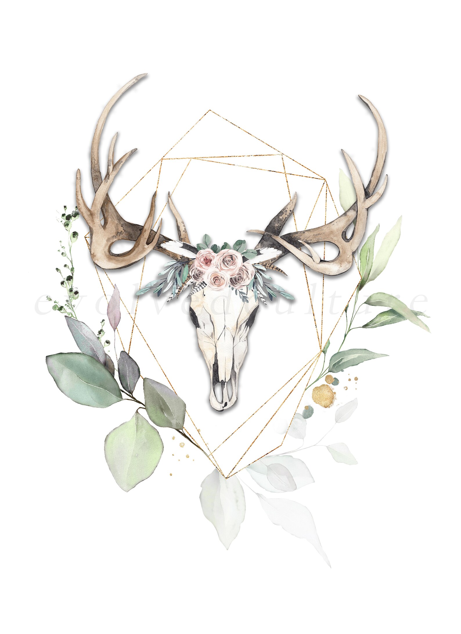 Bohemian Deer Skull with Leaves and Flowers Printable Wall | Etsy