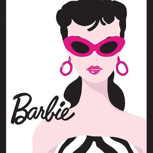 May include: Illustration of a woman with black hair, wearing pink sunglasses and hoop earrings. The word "Barbie" is written in cursive. The woman is wearing a black and white striped top. The background is white.