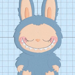 May include: An embroidered design of a friendly monster-bunny hybrid. The creature has light blue fur, large ears, and a peach-coloured face and paws. It has closed eyes, a small nose, and a wide, toothy grin. The design is on a light blue grid background.