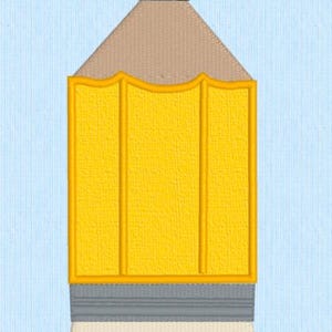 Può includere: Una matita gialla con una gomma grigia e una punta nera. La matita è su uno sfondo blu chiaro.