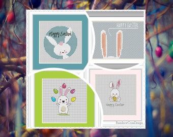 Happy Easter | 3 + 1 FREE Funny Cross Stitch Patterns | PDF | Easter decorations | Easter cards | Easter bunny | Easter eggs | Small motives