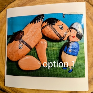 Cartes pour les amoureux des chevaux. Cartes vierges extra larges de 7 x 7 pouces. Carte de voeux de cheval de dessin animé. Cheval d'anniversaire. Poney club de Gymkhana. Carte de poney amusante.