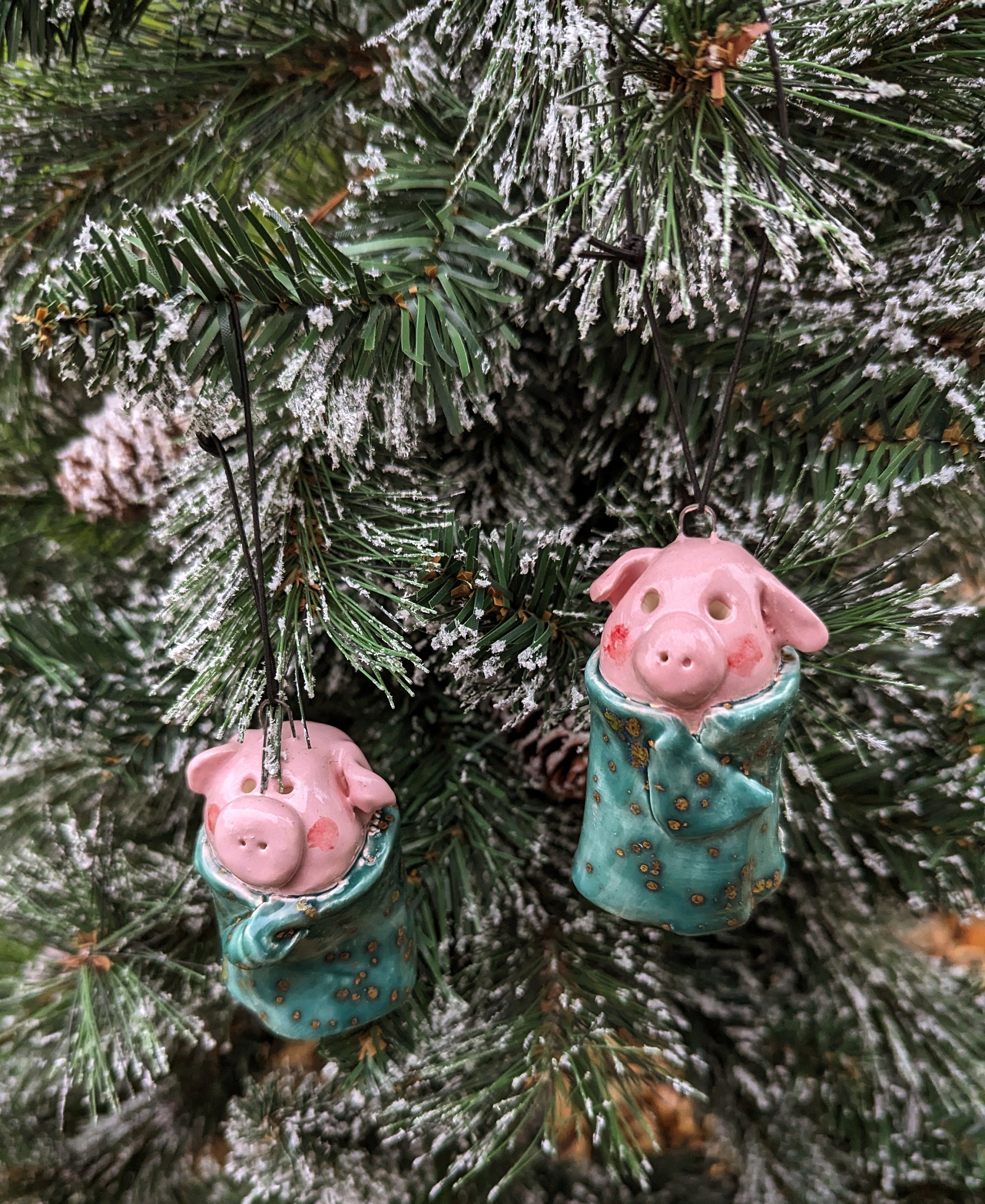 Ceramic Pigs in Blankets Christmas Tree Decorations Handmade