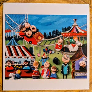 Lustige Rummelplatz Blanko Karten. Extra Große 18x18cm Grußkarten. Comicfiguren Achterbahn Geburtstagskarten. Spaß auf dem Jahrmarkt.