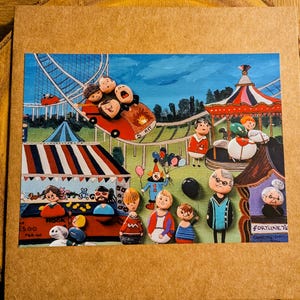 Leuke blanco kermiskaarten. Jumbo extra grote 8 x 8" wenskaarten. Stripfiguren achtbaan verjaardagskaarten. Pret op de kermis.