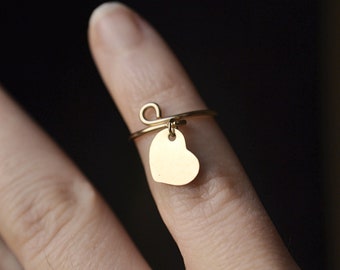 Heart dangle charm ring 14k gold women daughter chic dainty ring 14k Gold filled adjustable ring heart dangle charm ring