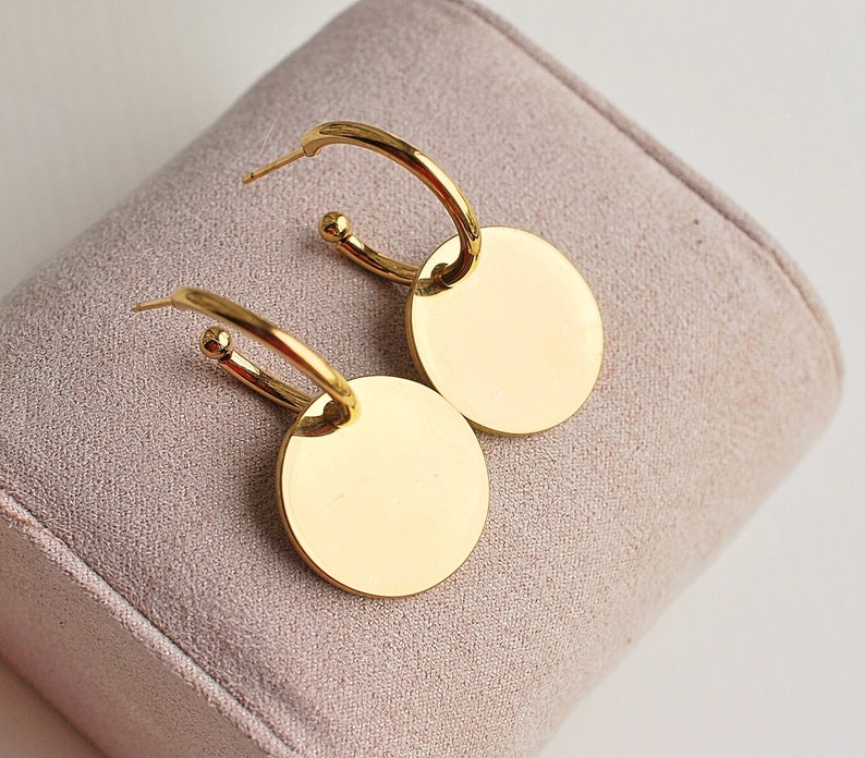 Large disk dangle hoop earrings 18k Gold plated steel Etsy