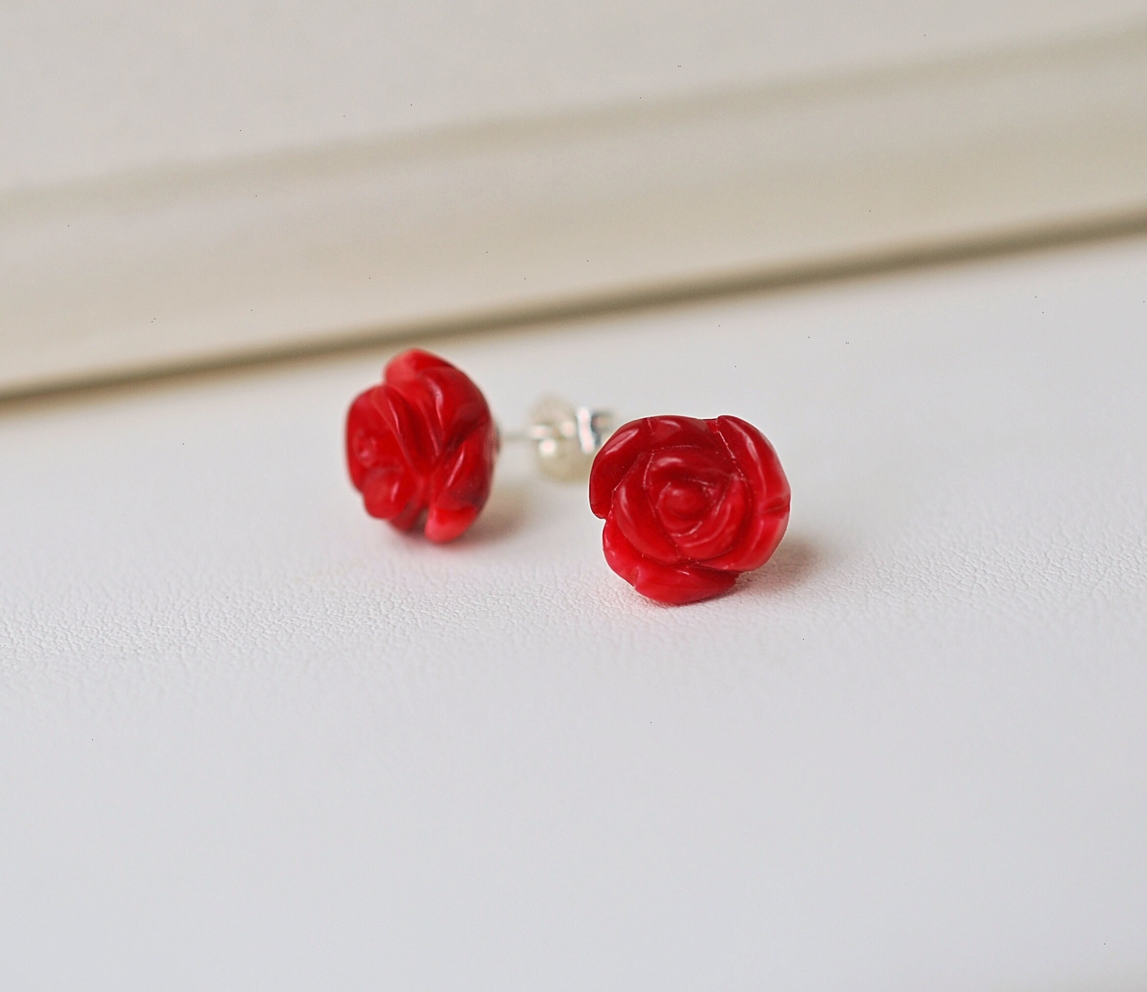 Natural red pink coral studs rose flower carved studs women | Etsy