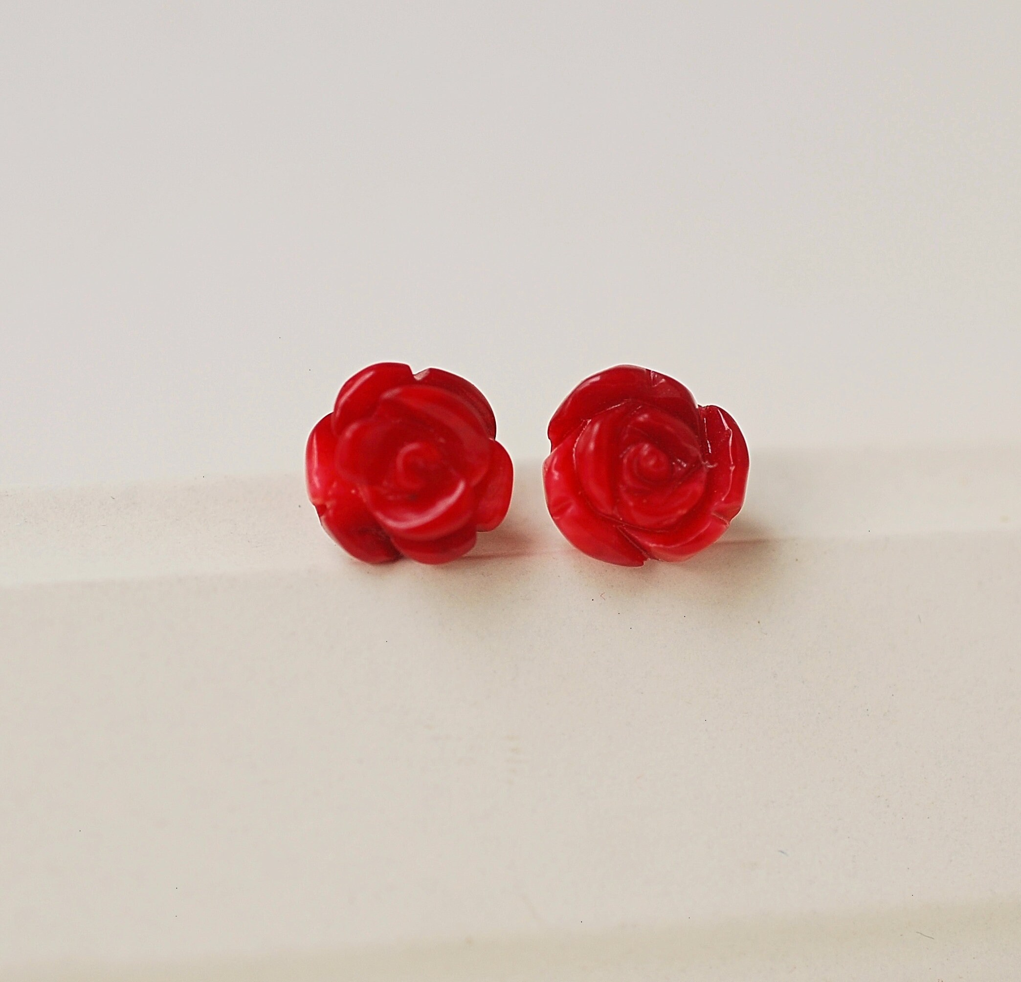 Natural red pink coral studs rose flower carved studs women | Etsy