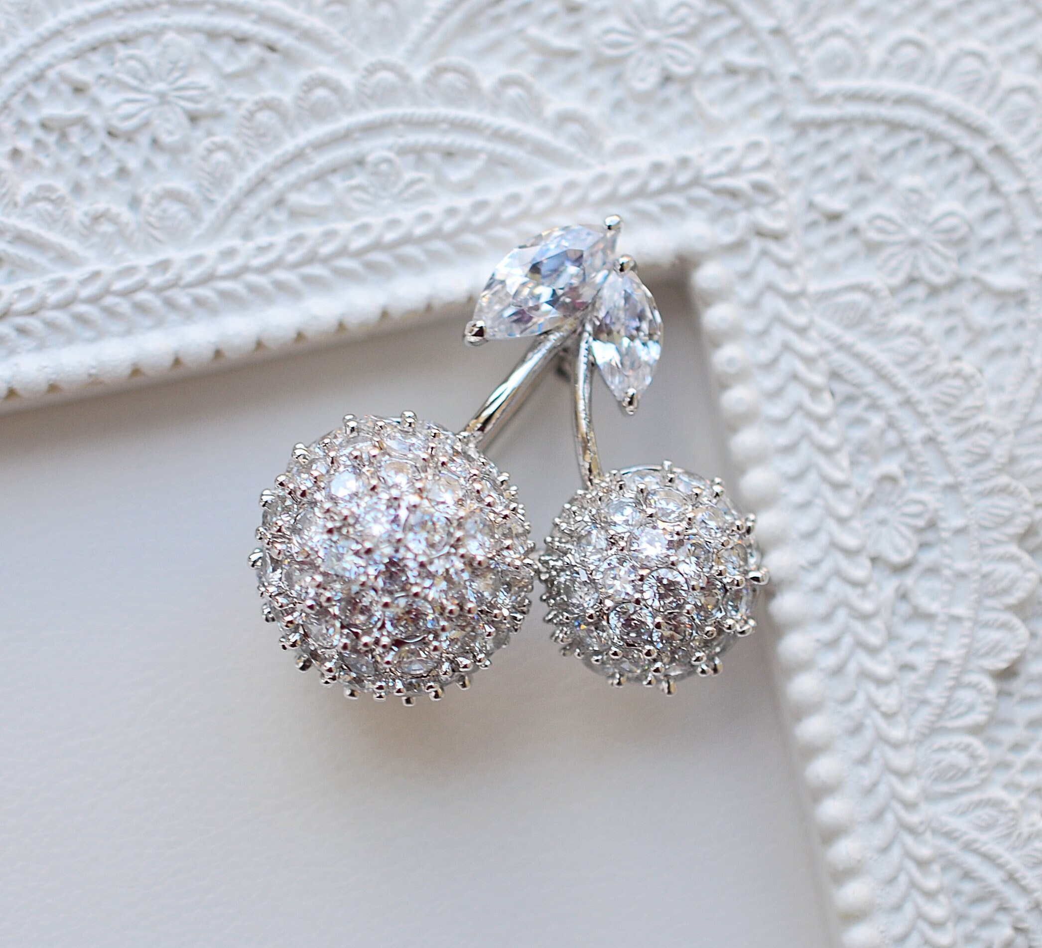 18k White gold plated zirconia paved cherries fruits pin cz Etsy