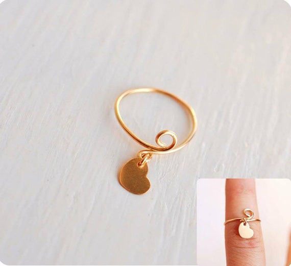 Heart dangle charm ring 14k gold women daughter chic dainty ring 14k Gold filled adjustable ring heart dangle charm ring