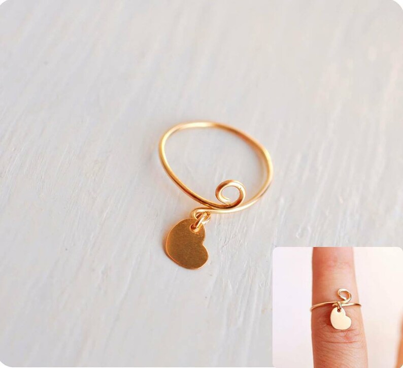 Heart dangle charm ring 14k gold women daughter chic dainty ring 14k Gold filled adjustable ring heart dangle charm ring