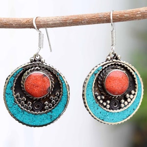 Traditional red coral earrings, turquoise gemstone earring,silverplated earring,nepali jewelry,tibetan earring,bride&quot;s present,new wife gift