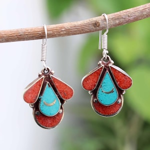 Natural turquoise gemstone earring,red coral earrings,silverplated earring,nepali jewelry,tibetan earring,female birthday,party wear earring
