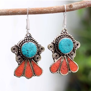 Best red coral earrings, turquoise gemstone earring,silverplated earring,nepali jewelry,tibetan earring,female birthday,present for bride.