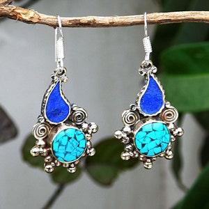 Lapis and Turquoise Earrings: German Silver Plated Nepali Jewelry