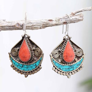 special red coral earrings, turquoise gemstone earring,silverplated earring,nepali jewelry, tibetan earring,party wear earring,new wife gift