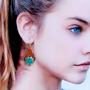 Large Turquoise and Coral Stone Ethnic Nepalese Earrings, Tibetan Earrings, gems stone Earrings, Tribal Earrings, Nepali Jewelry.