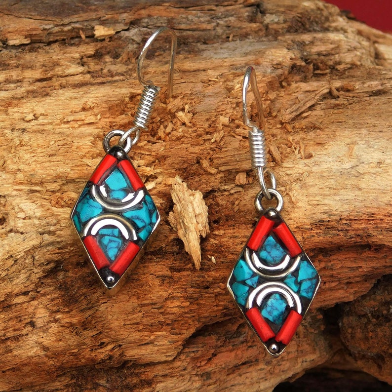 lady earrings,best friend present,bridesmaid gift., stylish red coral earrings,turquoise earrings,tribal brass earrings,nepali jewelry