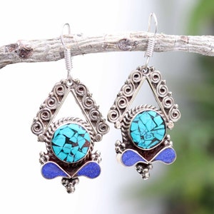 New design turquoise gemstone earring,lapis lazuli earring,silverplated earring,nepali earring,tibetan earring,special present,new wife gift