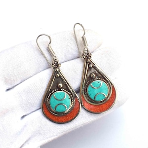 Party wear earrings,turquoise earrings,red coral earrings,silver plated,fashionable earrings, nepalese earrings,tibetan earring,lady earring