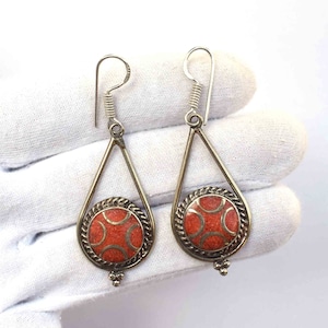 Red coral earrings,silver plated earrings, nepali earrings,coral october birthstone,round coral earrings,female earrings.