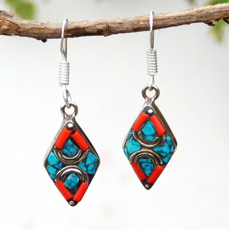 lady earrings,best friend present,bridesmaid gift., stylish red coral earrings,turquoise earrings,tribal brass earrings,nepali jewelry