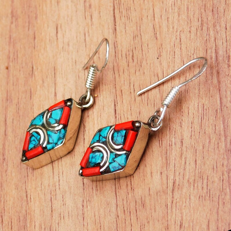 lady earrings,best friend present,bridesmaid gift., stylish red coral earrings,turquoise earrings,tribal brass earrings,nepali jewelry