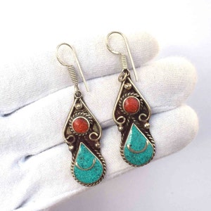 Fabulous pear turquoise earrings,round coral earrings,silver plated,nepali jewelry,party wear earrings,new year present,tibetan earrings.