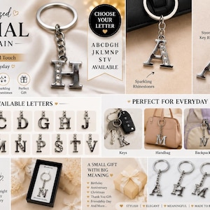 Personalized Initial Letter Keychain, Alphabet Keyring Gift, Rhinestone Letter Charm, Custom Name Keychain, A B C D G H J K L M N P S T V.