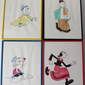 VTG Popeye Cartoon Character Art Drawing Olive Oye Wimpy Sweet Pea SET Framed
