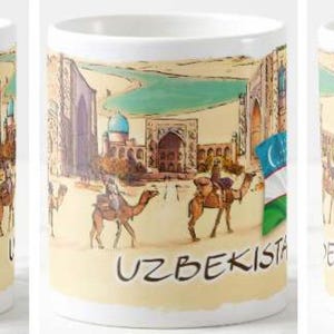 Ceramic mug Uzbekistan Uzbek girl tea coffee cup 11oz Flag Bukhara Silk Road camel Central Asia lover travel ethnic souvenir gift idea Xmas