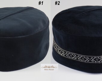 Men navy blue velvet kippah kufi kipa kofi fez kuchi pillbox taqiyah tubeteika skullcap smoking cap takke kente hat Festival vegan headwear