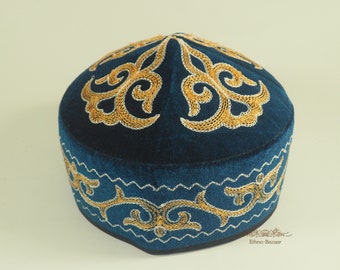 Turquoise skullcap hat kufi kuchi fez kipa kippah kente topi smoking cap tubeteika taqiyah pillbox ethnic velvet Tatar headwear