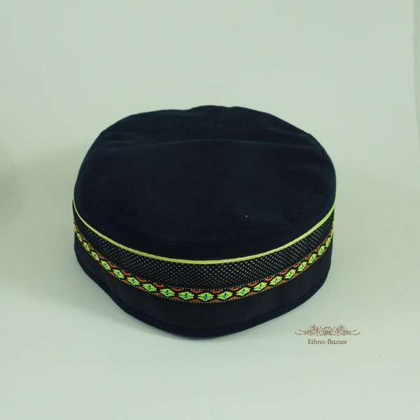 Chapeau homme kippa en lin bleu marine calotte kufi kipa pilulier taqiyah fez tubeteika kente take topi casquette fumeur kuchi yoga couvre-chef ethnique végétalien