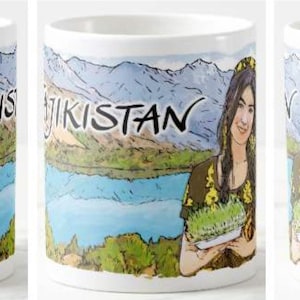 Ceramic mug Tajikistan Tajik girl tea coffee cup 11oz Flag Silk Road Pamir nature Central Asia lover travel etnic souvenir gift idea Xmas