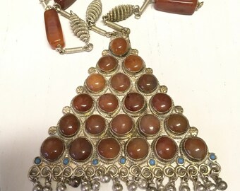 Tribal/Boho Triangle Pendant Orange Agate Stone Beaded Silverstone Necklace Large Long Size