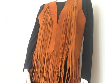 Vtg Kiffe Burnt Orange /Rust Colored Suede Leather Southwestern Fringe Vest